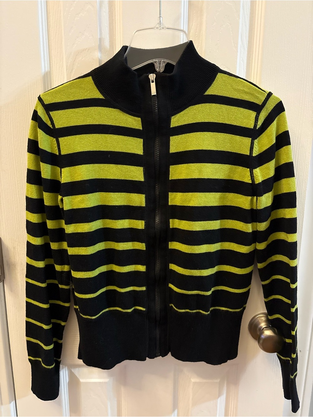 Striped Full-Zip Women's Sweater Set in Lime & Black & Long Sleeve Lime Tee